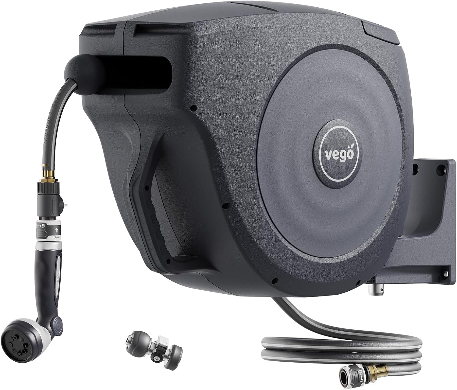 Vego Garden Hose Reel Retractable Hi-Flow Wall Mounted Hose Reel Automatic Rewind, Any Length Lock with 9 Patterns Sprayer Nozzle, Quick Connector and Adjustable shot Nozzle (Tidepool Blue, 100ft)