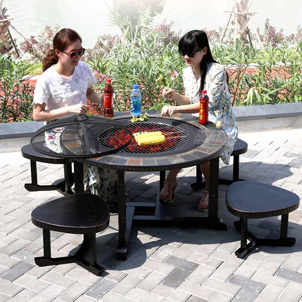 Outdoor Charcoal cast Iron Marble Round fire Pit Table Full Set of Tables and Chairs one Table Dual Purpose Multifunctional Easy-to-Clean Barbecue Stove
