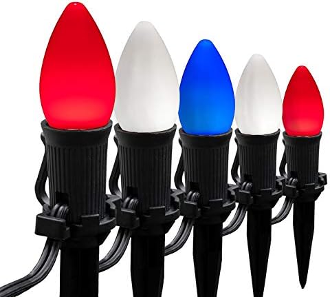 Wintergreen Lighting 75’ OptiCore Smooth Ceramic-Style LED Heavy Duty Red White Blue Lights, 75 C7 Lights, Black Wire and Stakes Red White and Blue Decorations