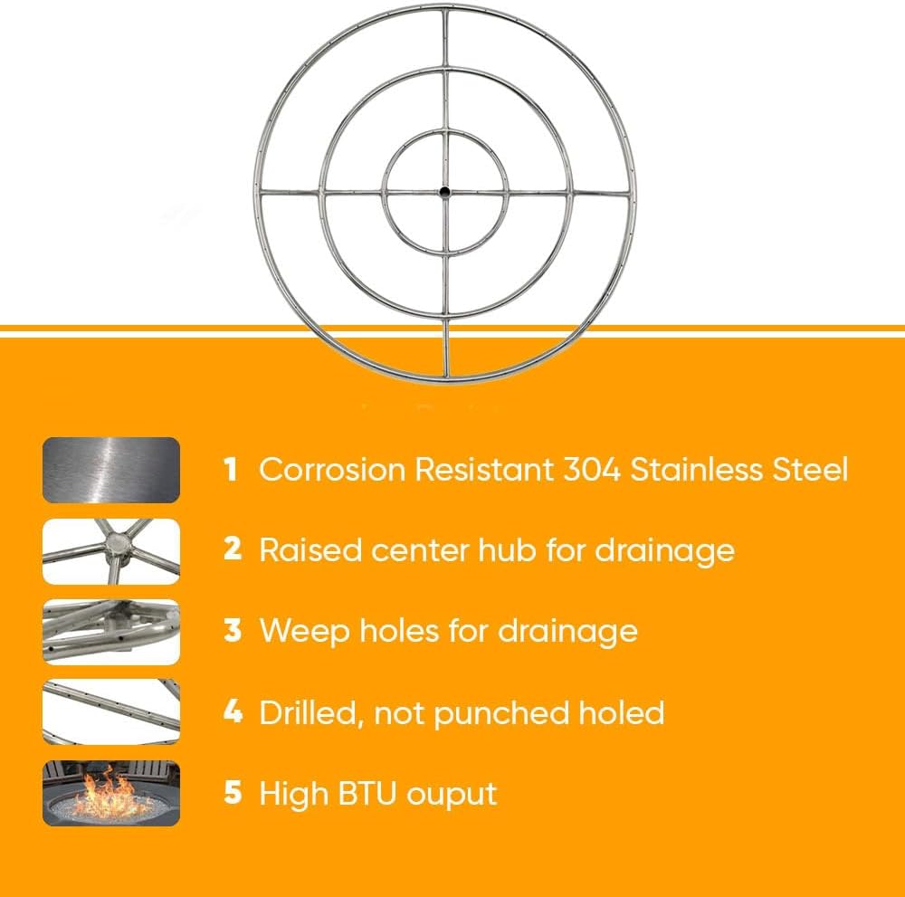 AFG Match Lit Fire Pit Burner Kit (SS-FR-12KIT-PAN-NG-MSCB), Round, 12-Inch Burner, 18-Inch Flat Pan, Propane, Polished Chrome, with Flange, Key, Valve, Flex Line and Fittings