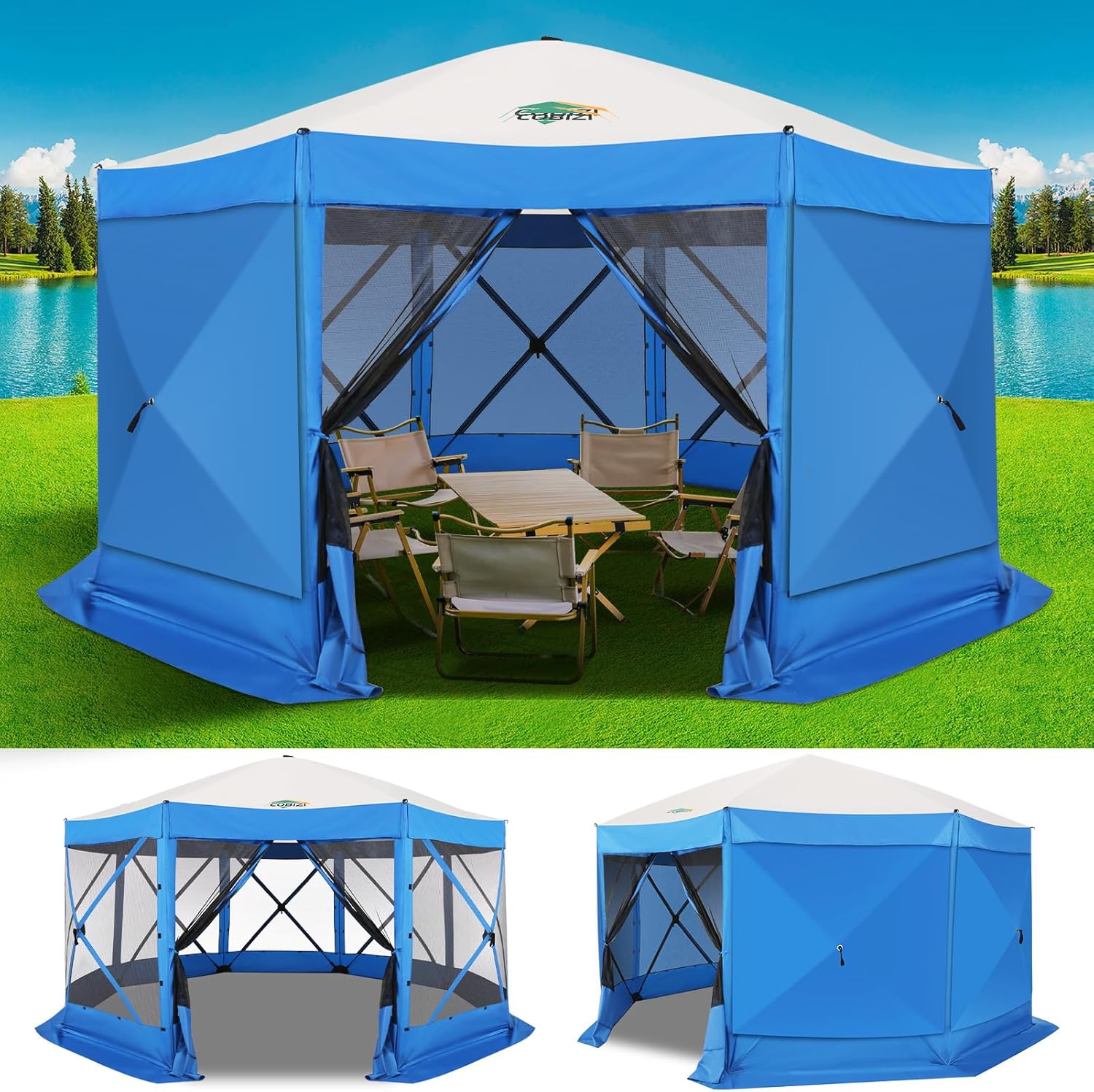 COBIZI 15x15ft Extra Large Pop Up Gazebo Canopy Tent with Mosquito Netting, Spacious Easy Set-Up Screened Shelter, Durable Outdoor Pavilion with Ground Stakes, Perfect for Patio, Backyard, Blue