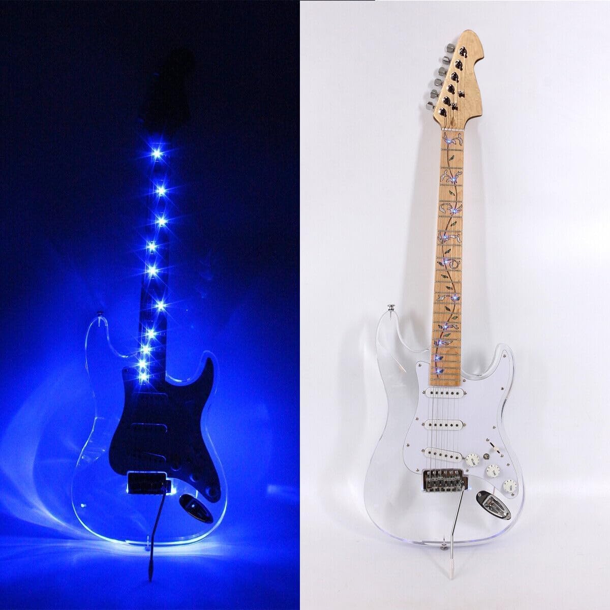 22 Fret 25.5 Inch Guitar Acrylic Electric Guitar with Transparent Acrylic Body Maple Neck Rose Wood Finger Board with Led Lights Dot Inlay SSS pickups Electric Guitar