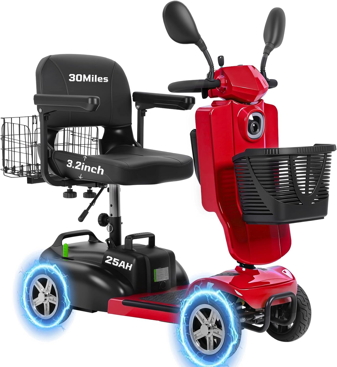 15-30 Miles 4 Wheels Mobility Scooter for Adults/Seniors, 350W Powered & 8/9″ tire Electric Wheelchair Device w/Removeable Battery, 2*Baskets/Rear Tail Lights, Compact Duty Mobile for Elderly