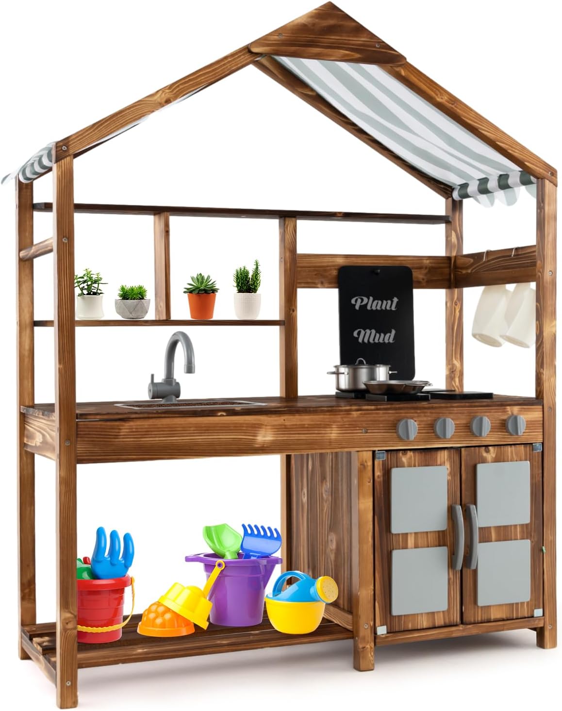 KOTEK Mud Kitchen with Canopy, Outdoor Play Kitchen with Removable Sink, Chalkboard, 4 Stoves, Cooking Accessories & Storage Cabinet, Wooden Toy Kitchen Playset for Kids Age 3+
