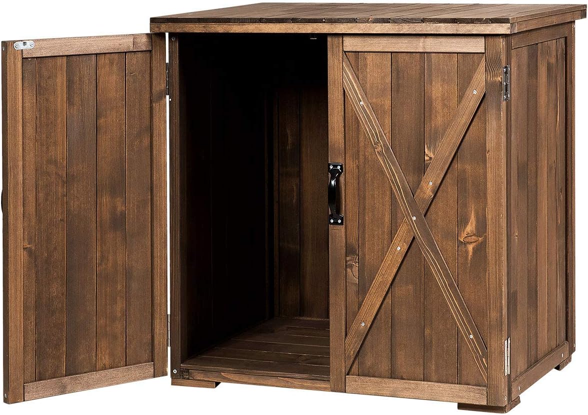 S AFSTAR Wooden Storage Shed, Compact Fir Wood Cabinet with Swing Doors and Elevated Feet, Easy Assembly