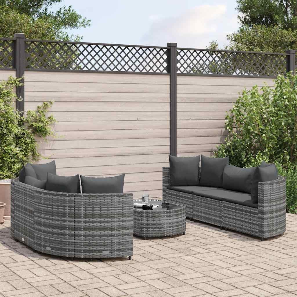 7 Piece Patio Sofa Set with Cushions Gray Poly Rattan,Comfortable Modular Outdoor Sofa Set with Glass Table for Patio and Garden Outdoor Furniture Sets, Patio Furniture