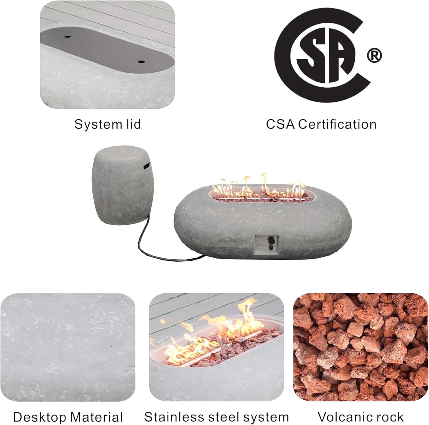 2 Piece 48 Inch Outdoor Fire Pit Table with 65,000 BTU Propane Gas for Garden, Backyard, Deck & Pool, Grey