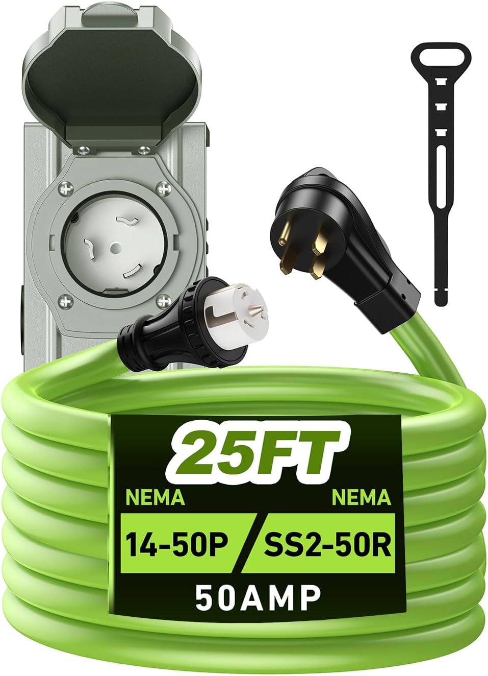 50 Amp Generator Cord and Power Inlet Box, 25 Ft RV Extension Cord, NEMA 14-50P/SS2-50R Twist Lock Connector, 125/250V 12500W Generator Cable, 10 Gauge SJTW Generator to House Power Cord, ETL Listed