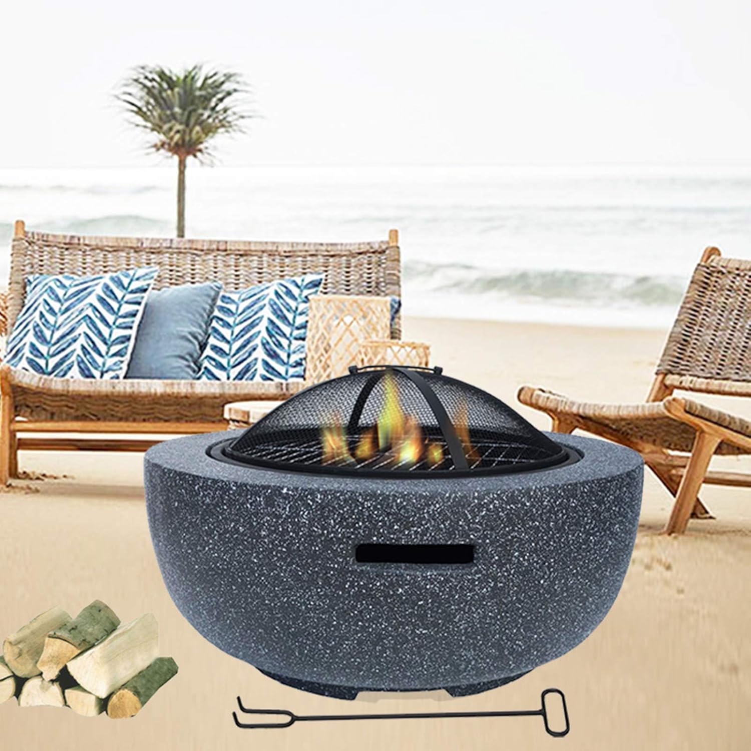 Garden Fire Pit Backyard Patio Fireplace BBQ Grill Bowl Wood Burning Fire Pit Concrete Round with Grill Grate 3 in 1 Fireplace for Bonfire Barbecue in The Wild, Black