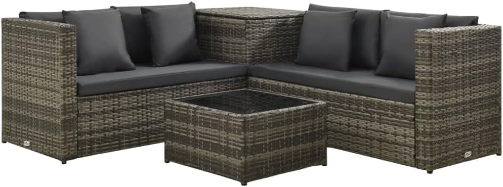 4 Piece Patio Lounge Set with Cushions Poly Rattan Gray,Modular Poly Rattan Lounge Set with Glass Table and Storage Chest for Outdoor Spaces Patio Furniture Sets, Outdoor Furniture Sets