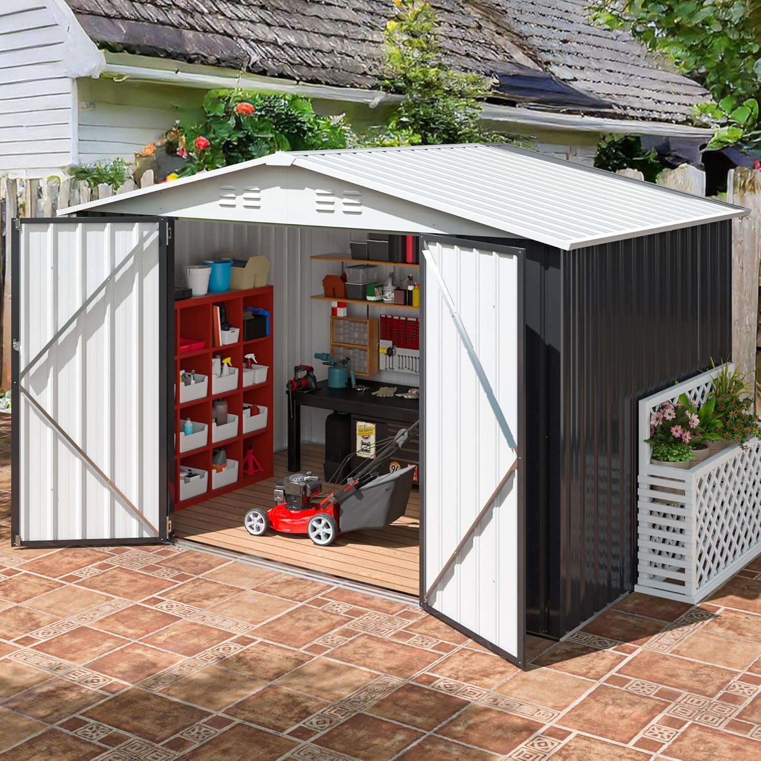 6x8 FT Outdoor Storage Shed, Garden Shed with Updated Frame Structure and Lockable Doors, Metal Tool Sheds for Backyard Garden Patio Lawn, White
