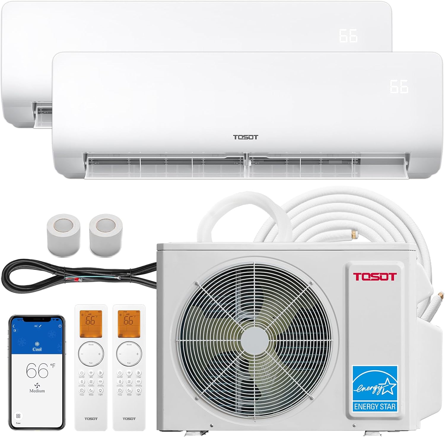 TOSOT 18,000 BTU Dual 2 Zone Mini Split Air Conditioner with Heat Pump, 21 SEER2, 230V, Wifi-Enabled Ductless Inverter Split System with 16.4 ft Copper Line Set, 9,000 + 9,000 BTU, Cosmo Series