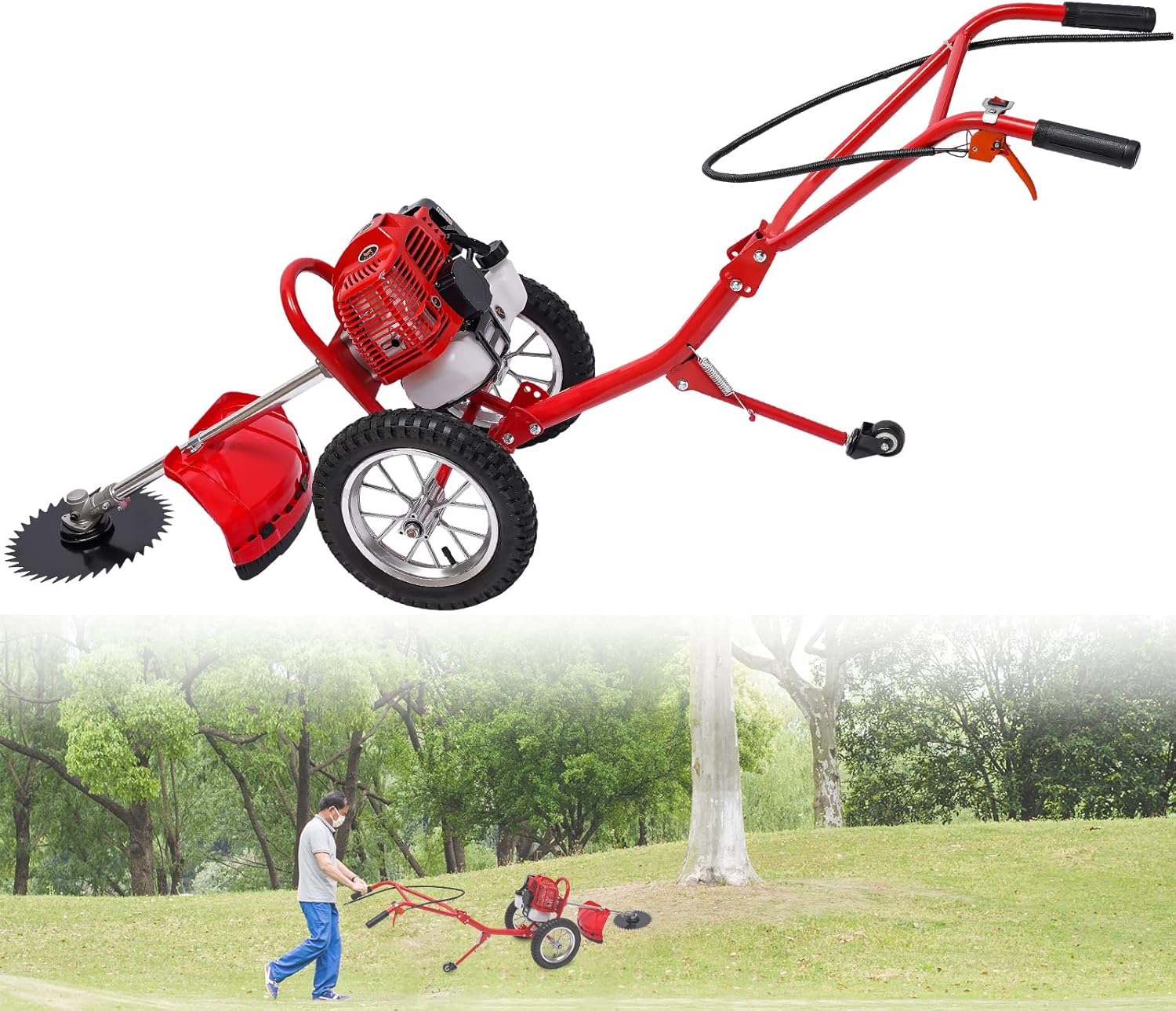 2-Stroke Hand Push Lawn Mower Gas Powered with Wheels,1.8KW 49CC Single-Cylinder Gasoline Engine Grass Trimmer Lawn Mower,Height Adjustable and Rear Wheels Foldable,6500-7000r/Min