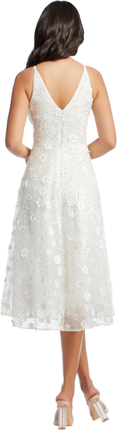 Dress the Population Womens Elisa Sleeveless Plunge Neckline Fit and Flare Midi Dress