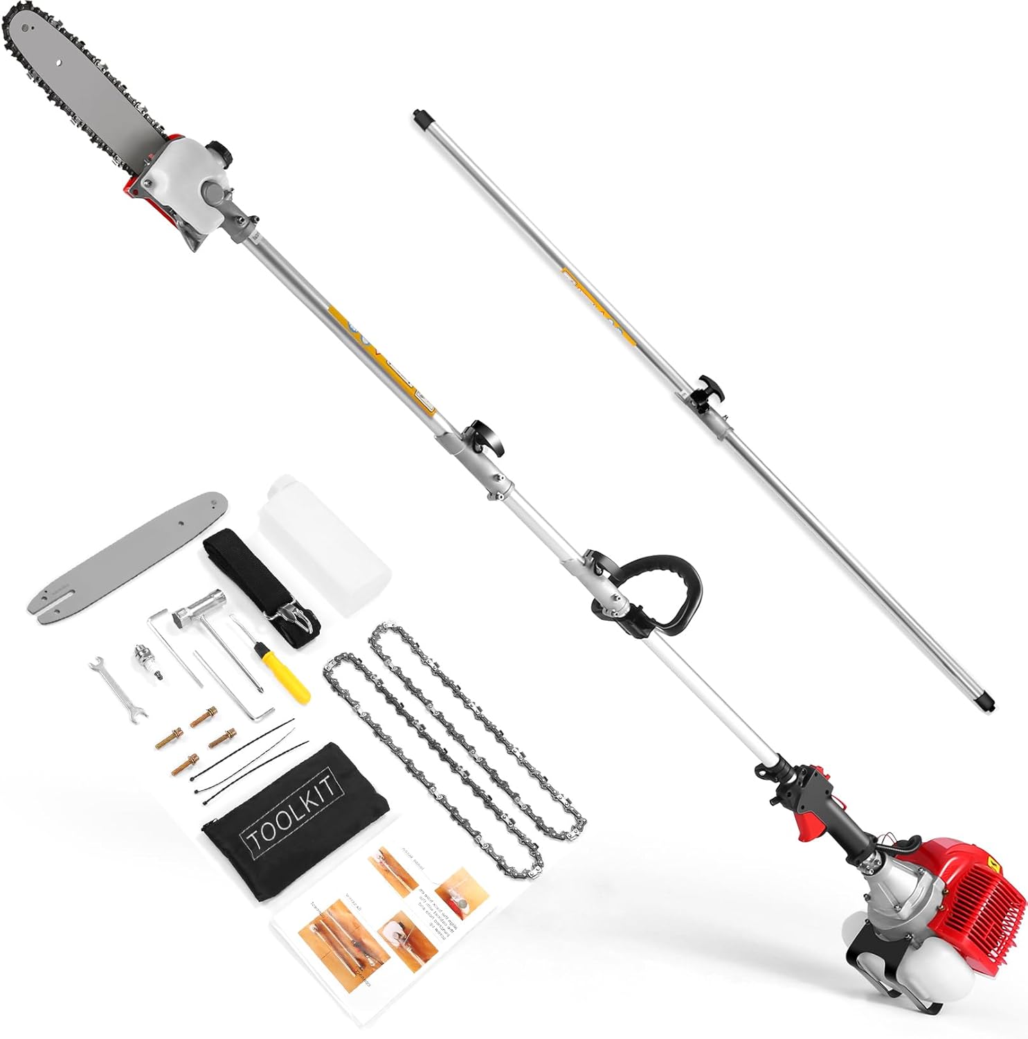 58CC Pole Saw Gas Powered, 2 Cycle Pole Chainsaw Tree Trimmer, 16 FT Extendable Gas Pole Saws for Tree Trimming, with 11.5 Inch Cutting Bar for Tree Hedge Trimming Bush Pruning