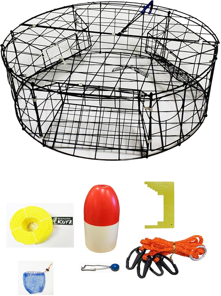 KUFA Vinyl Coated Round Crab Trap & Accessory kit (100' Poly Rope with line Weight,Caliper,Harness,Bait Bag & 11