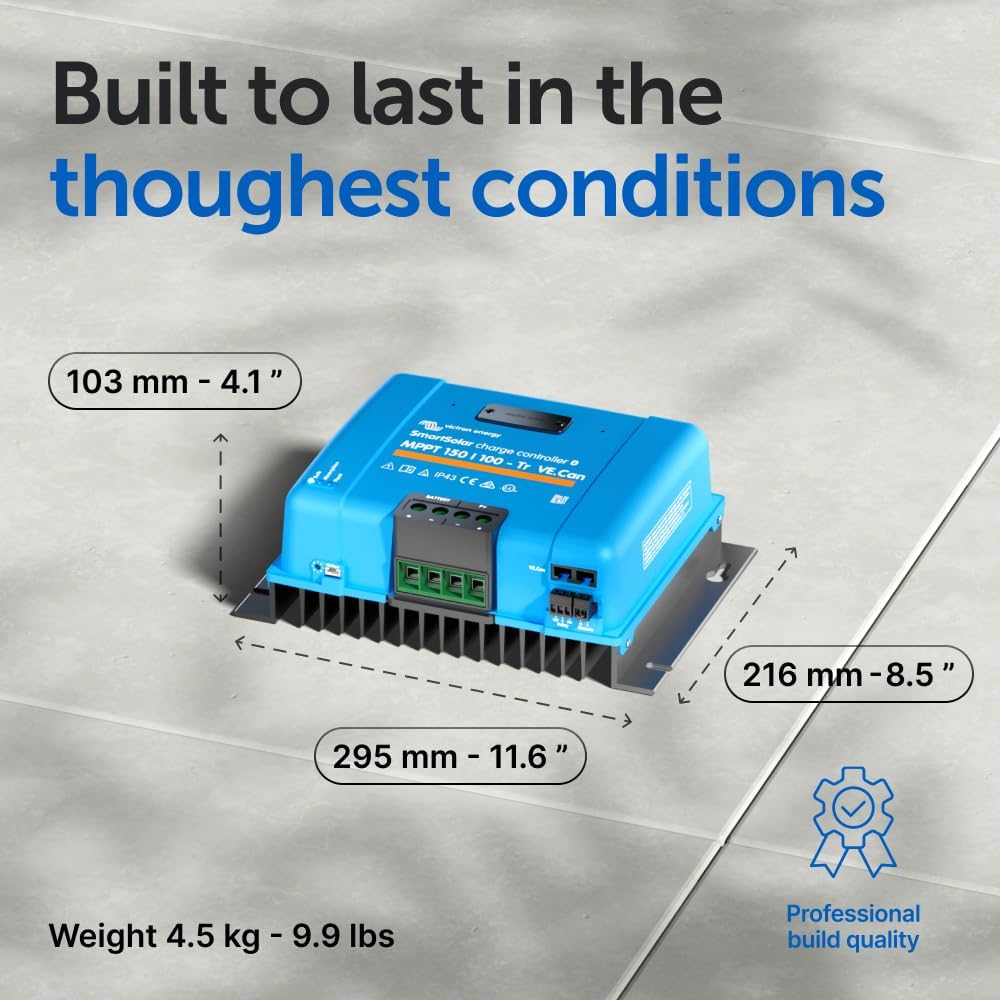 Victron Energy SmartSolar MPPT Tr VE. Can Solar Charge Controller (Bluetooth) - Charge Controllers for Solar Panels - 150V, 100 amp, 12/24/36/48-Volt