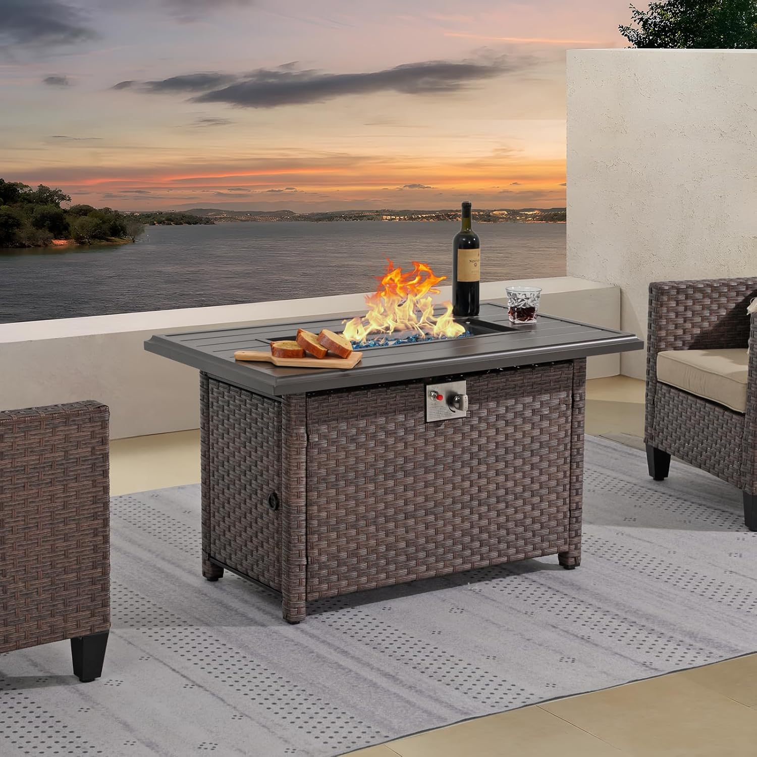 SUNSITT Outdoor Fire Pit Table 43 Inch Wicker Propane Fire Pit with Aluminum Tabletop 50,000 BTU Gas Firepit with Fire Glass, Lid, Cover, Brown Rattan