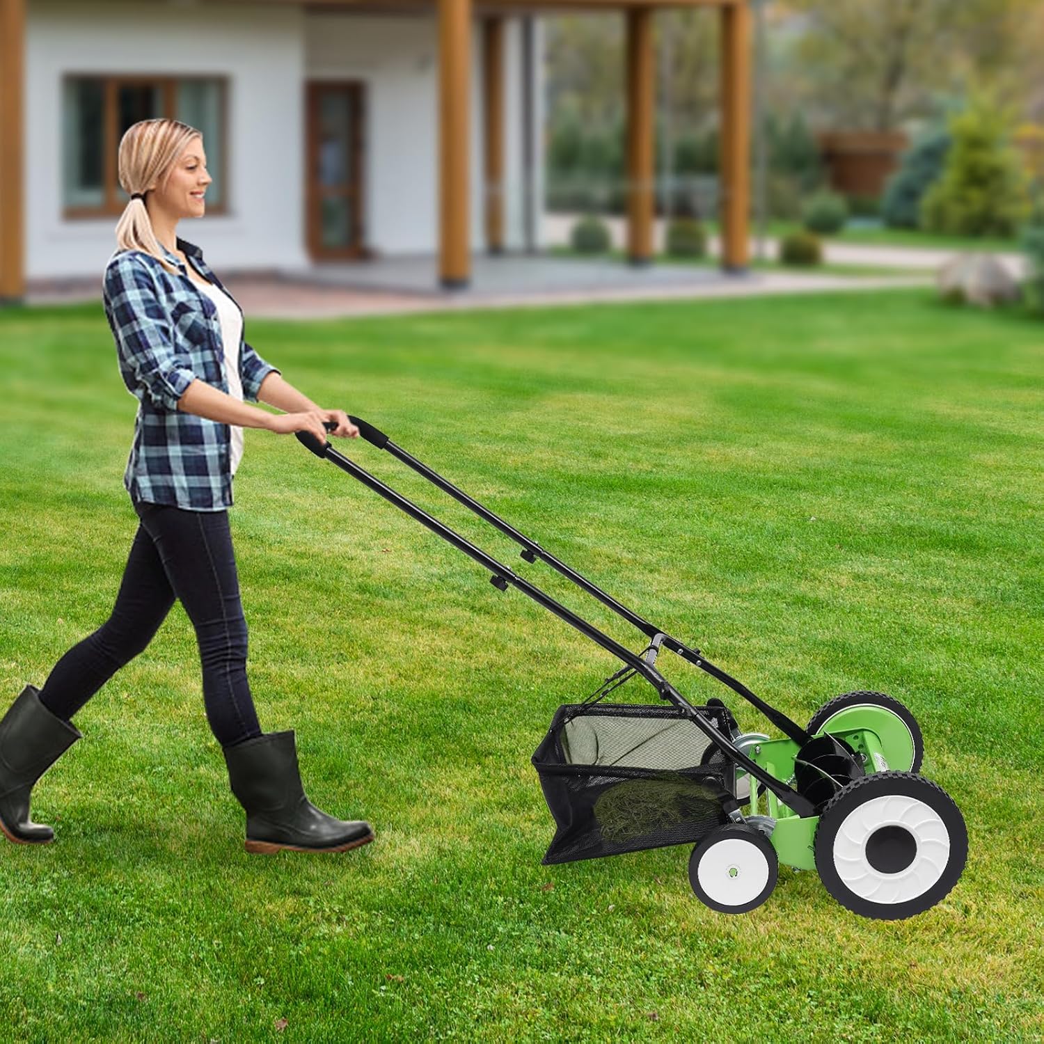 Walk-Behind Lawn Mower, Adjustable Height Push Reel Lawn Mower, Manual Reel Lawn Mower, Dual Wheeled Grass Cutter Sweeper, Reel Mover, Clinder Lawnmower, Push Reel Lawn Mower (16 in)