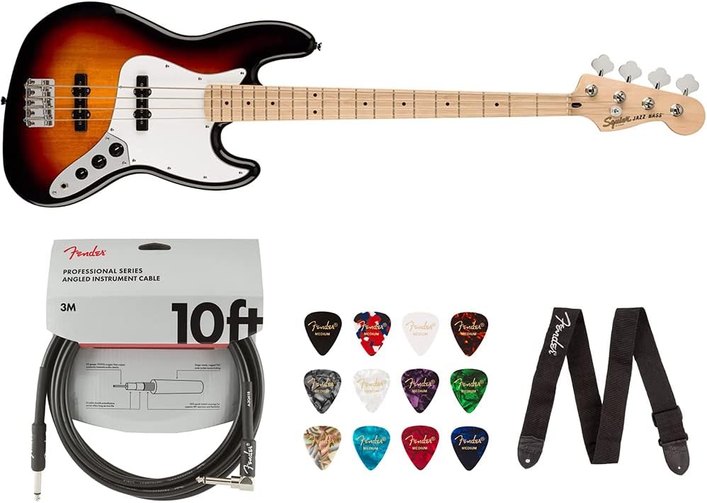 Squier Jazz Bass Bundle - Maple Fingerboard, 3-Color Sunburst with Fender Accessories
