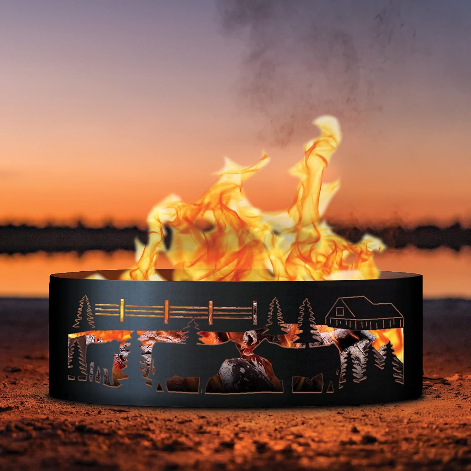 PD Metals COF00537-FP Cows on The Farm Unpainted 12 in. Tall 37 in. Diameter Outdoor Fire Ring with Fire Poker - 37 x 37 x 12 in. - Rustic Black Color