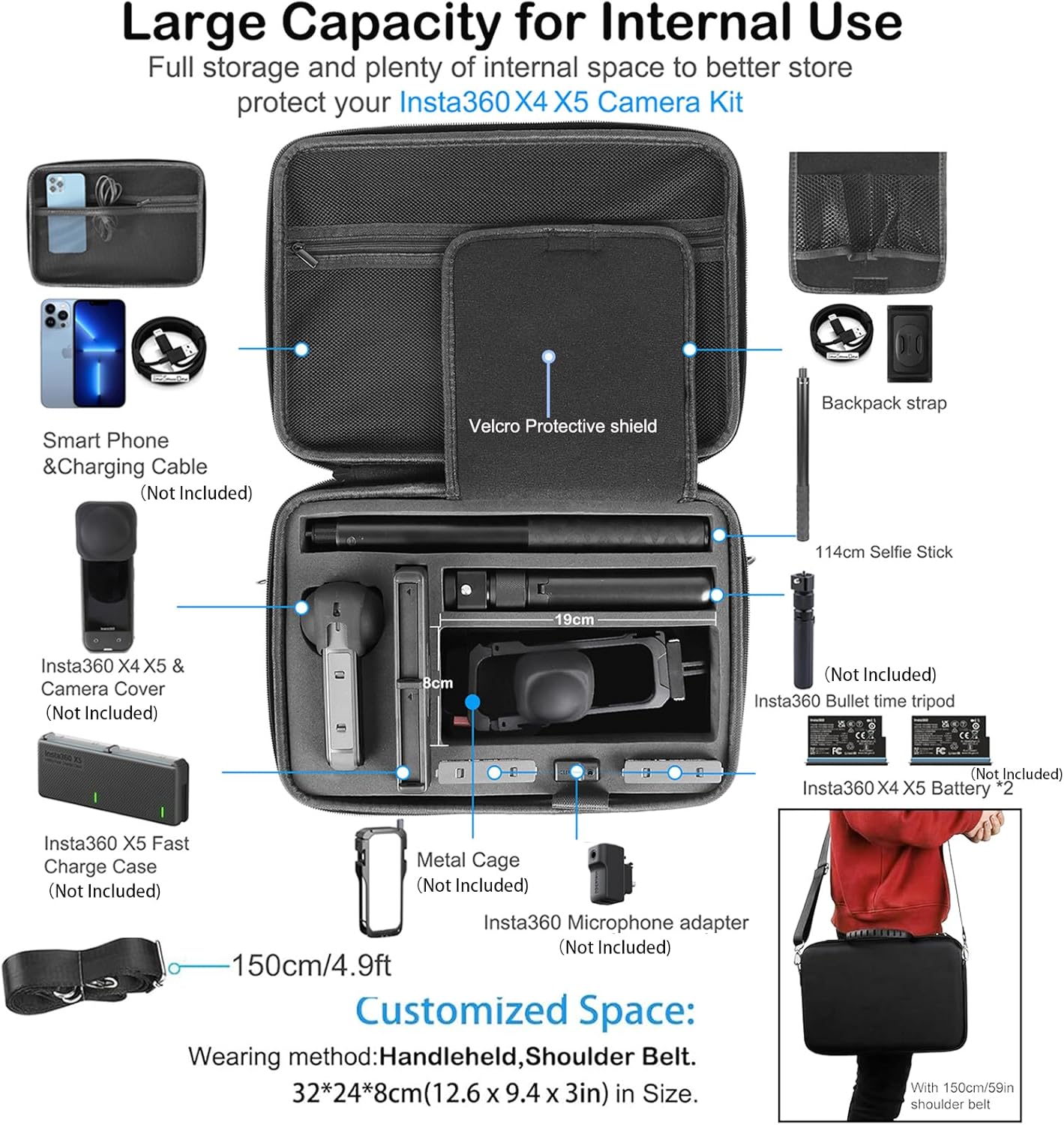 PellKing Accessories Kit for insta360 X5,Included Carrying Case with Belt,2 Pcs Metal 1/4