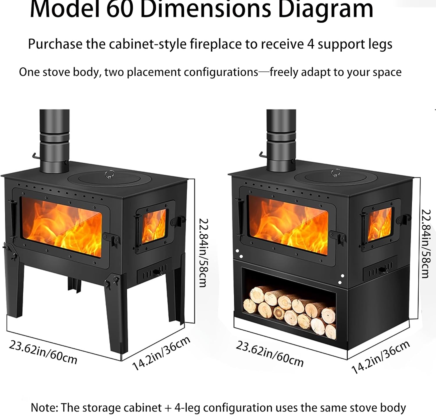 Fireplace with Storage Cabinet and 4 Support Legs, Pellet Stove, Suitable for 200-700 sq ft Spaces, Dual-Purpose Indoor and Patio Heater。
