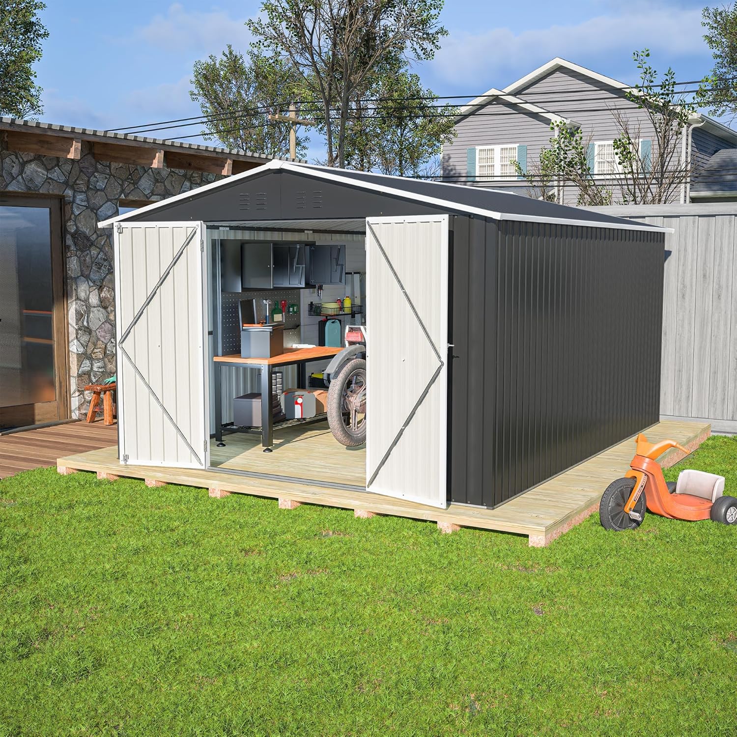 Ball & Cast 10×12 FT Outdoor Storage Shed,Metal Waterproof Tool Sheds with Lock and Key,Heavy-Duty Sheds Unit W/Doors and Vents,Galvanized Steel Garden House for Storing Bicycles,Barbeques,Black