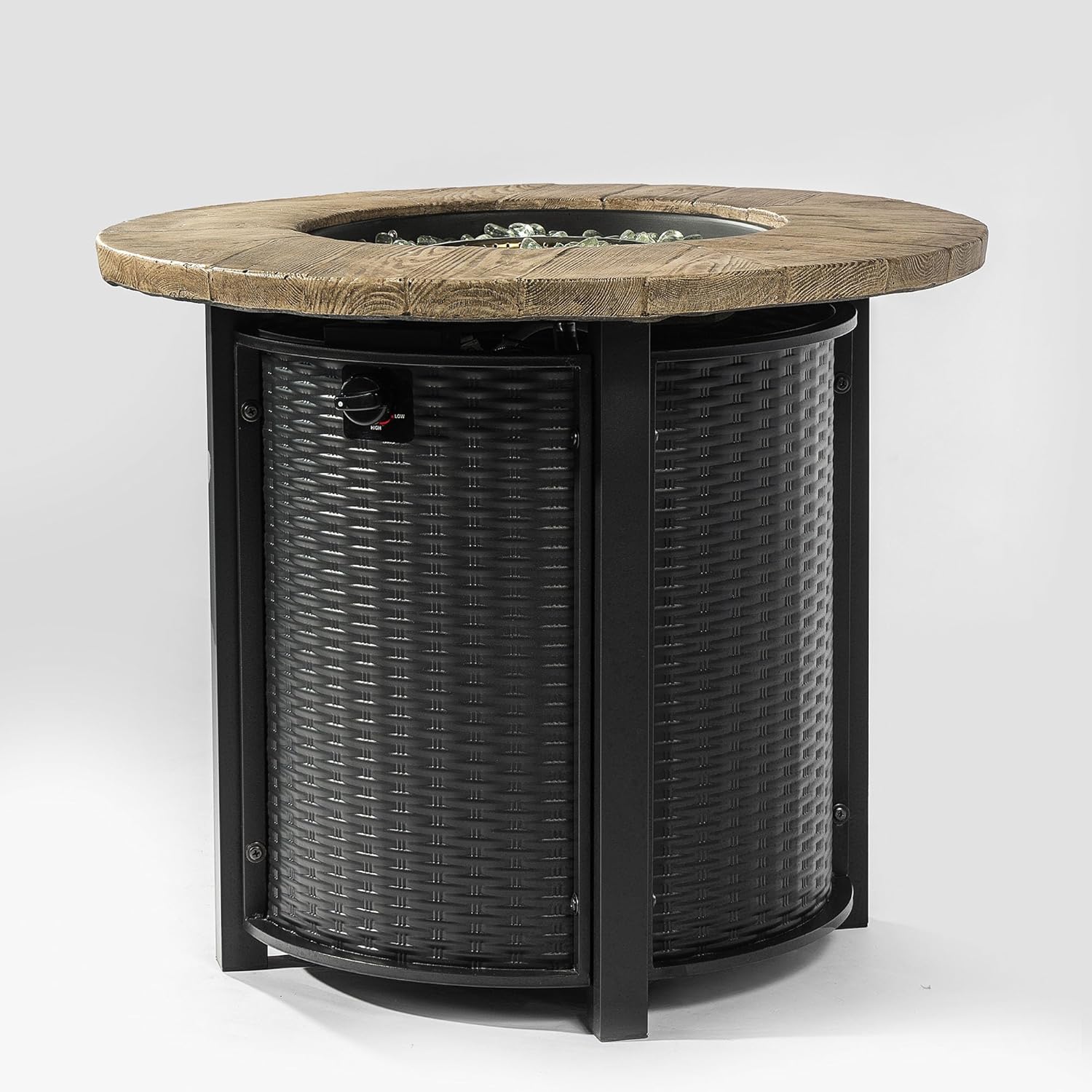 30-Inch Round Fire Pit Table with Textured Wood Grain Finish, Black Steel Propane Heater Delivers 50,000 BTU for Patio and Backyard Featuring Durable All-Weather Construction