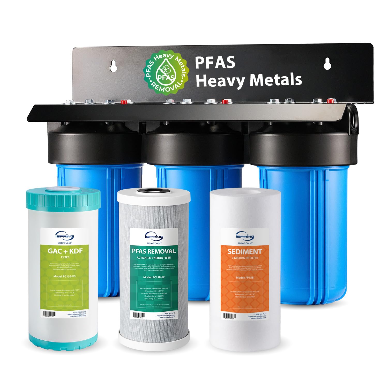 iSpring PFAS & Heavy Metals Removal 3-Stage Whole House Water Filter System, SGS-Tested to Reduce Up to 99% PFOA & PFOS, 10” x 4.5” Filters, 1” Inlet/Outlet, Model: WGB31B-PFKS