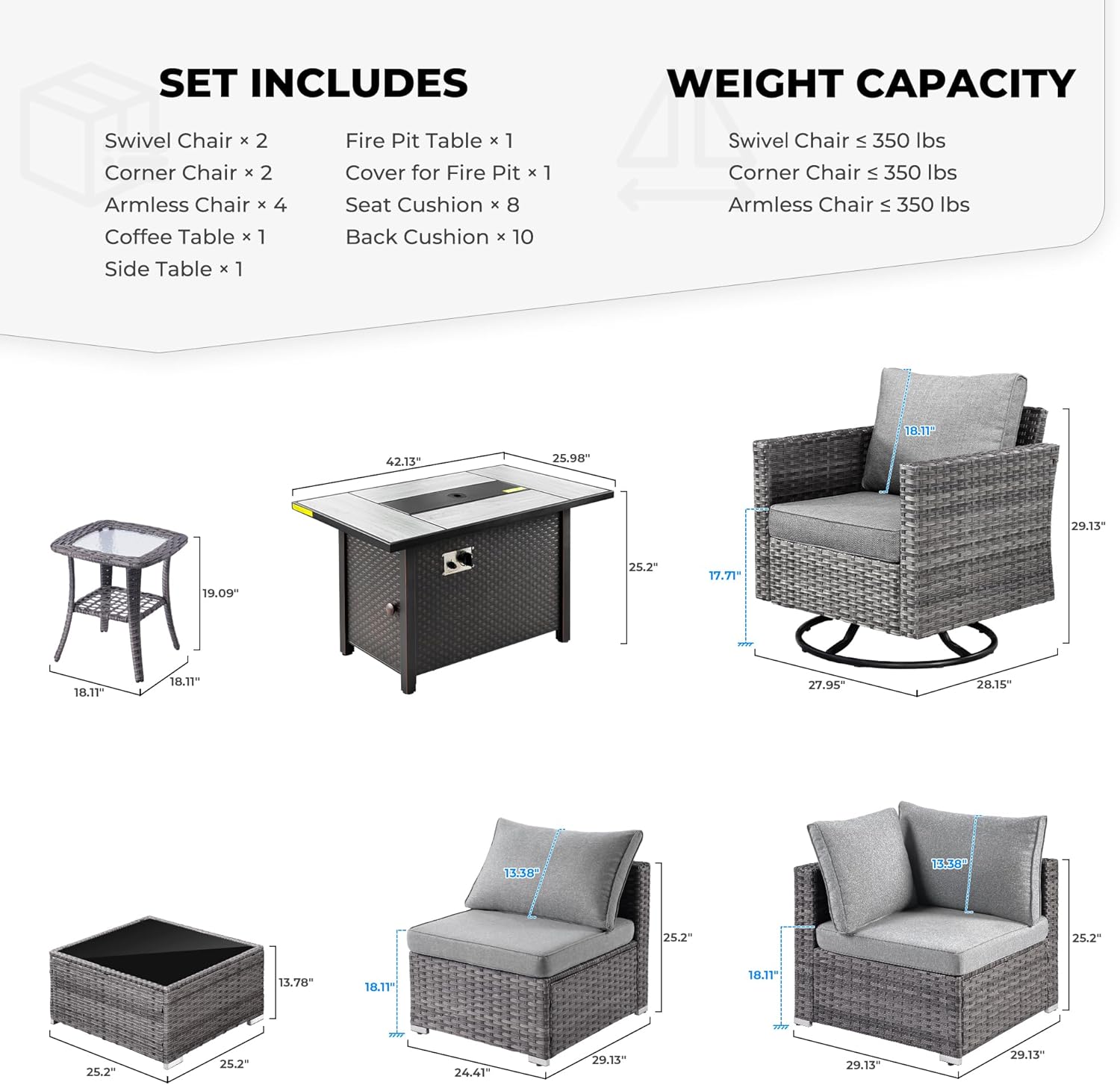 HOOOWOOO 11-Piece Outdoor Wicker Patio Furniture Set with Fire Pit Table, Swivel Chairs, Side Table, All-Weather Rattan Sectional Sofa with Cushions for Garden, Deck, or Backyard (Dark Grey)