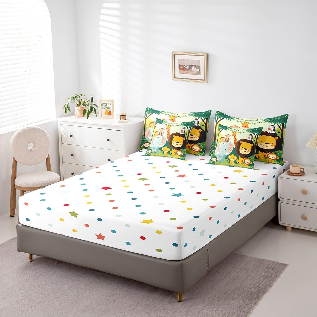 Erosebridal Cartoon Zoo Twin Comforter Set 7-Piece, Animals Cute Theme Bedding Accessories, Elephant Kawaii Giraffe Bed in a Bag, Green Safari Monkey Bed Sheets Set for Kids Adults Teens