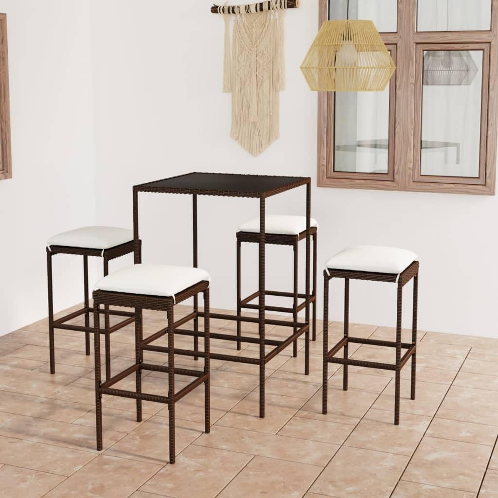 5 Piece Patio Bar Set with Cushions Poly Rattan Brown,Stylish Outdoor Bar Set: PE Rattan Table & Stools for Garden and Patio Furniture Sets for Patio, Lawn & Garden