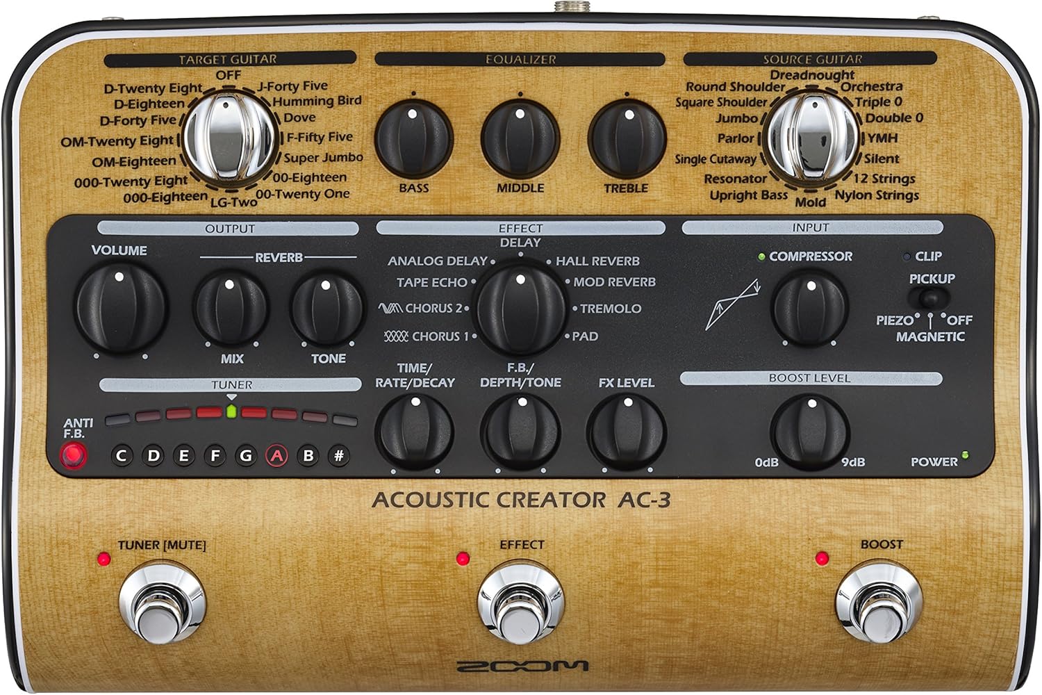 Zoom AC-3 Acoustic Creator, Acoustic DI with Tone Restoration, Acoustic Modeling, 9 effects, Compression, Tuner, Reverb, EQ, and Anti-Feedback