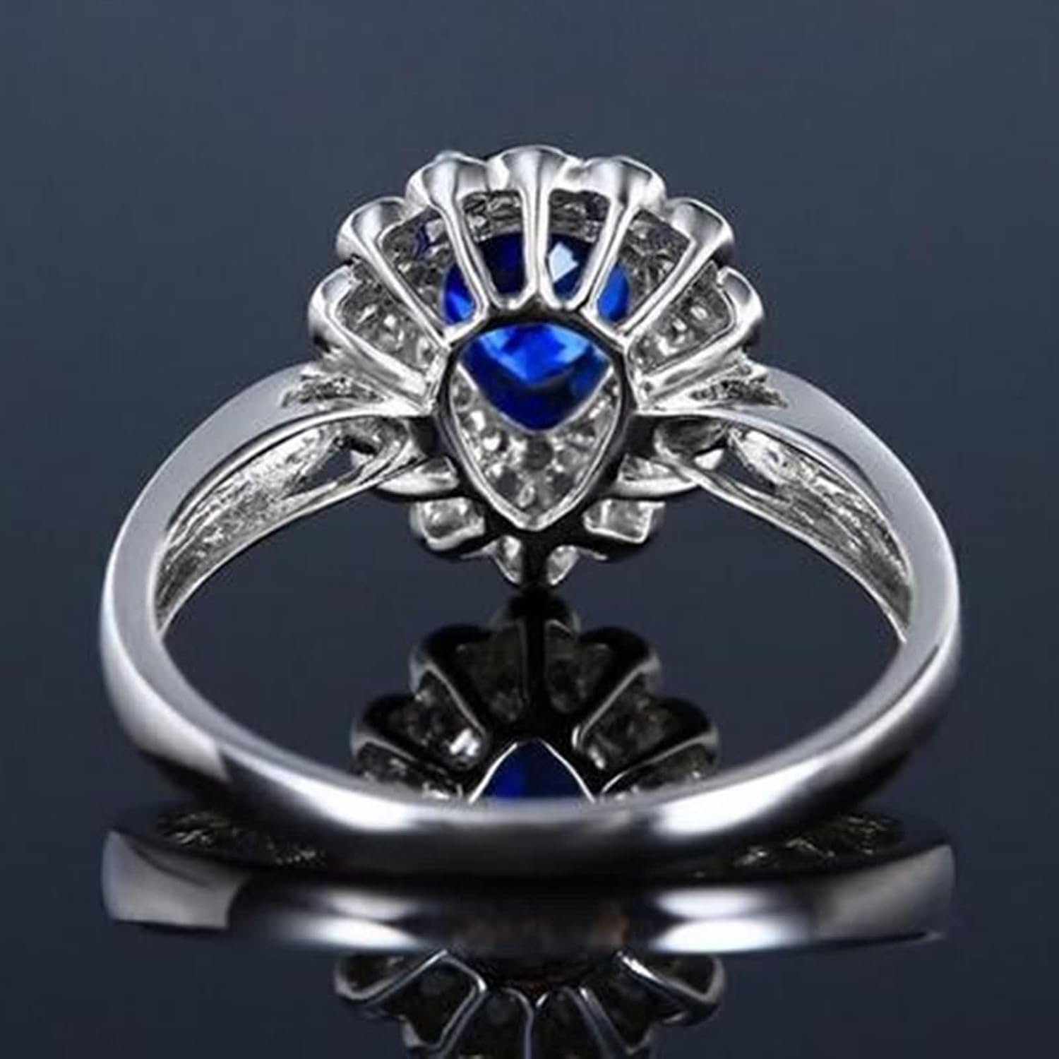 Engagement Rings for Women Flower, Wedding Ring Lab Created Sapphire Band 18K White Gold with Moissanite Birthday Gift for Her