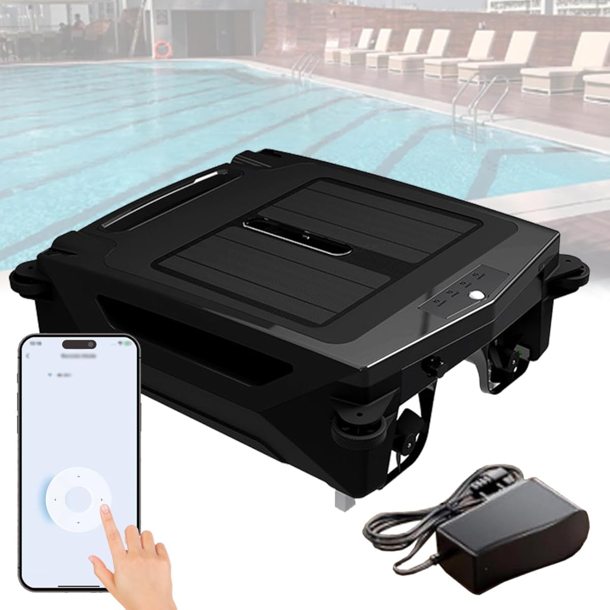 Robotic Pool Sur-face Cleaner - Solar Powered Robotic Pool Skimmer with APP Support - Cordless Pool Vacuum Robot for All Swimming Pool - Dual Charging & Auto-Turn