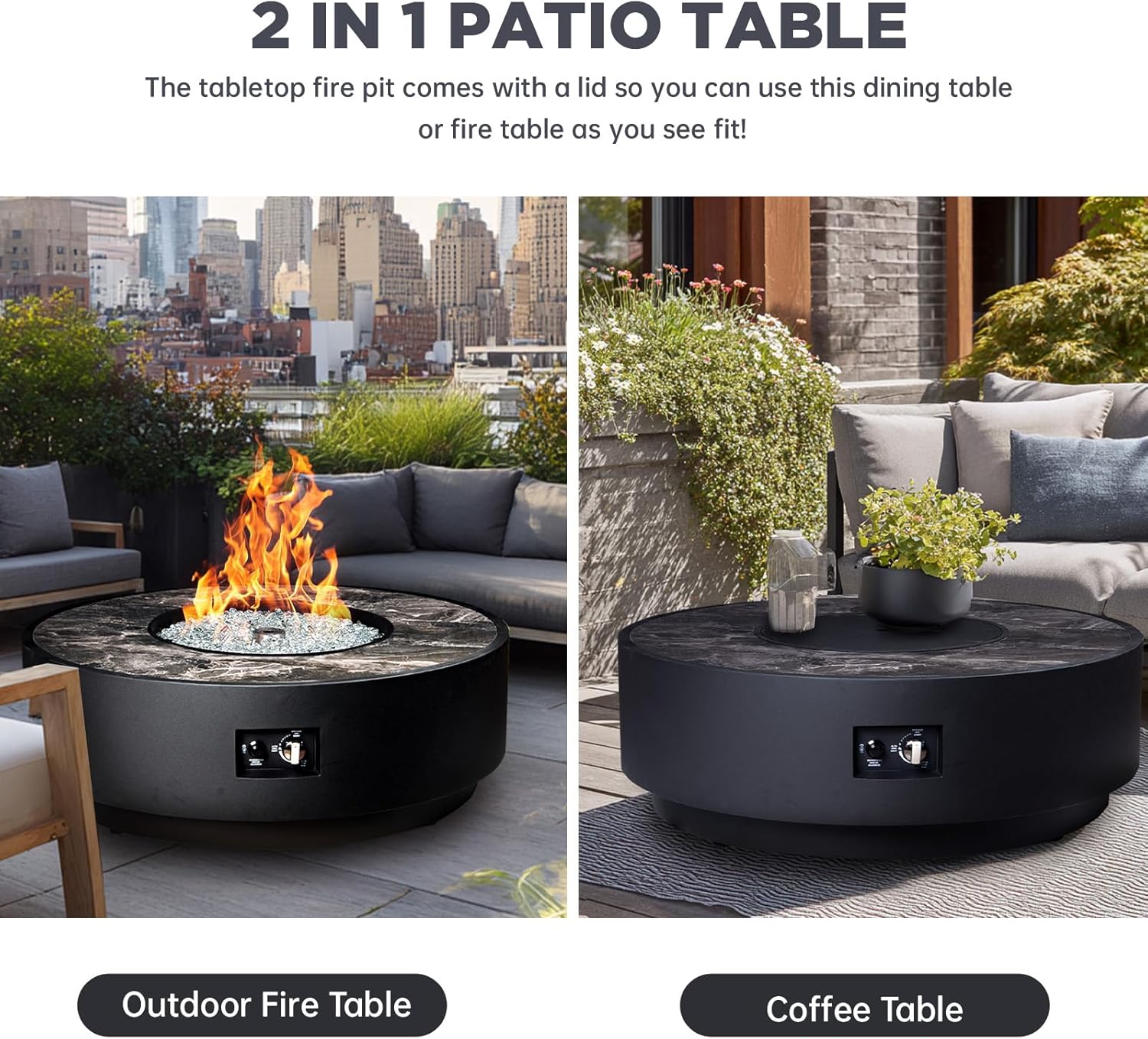 Propane Fire Pit Table, 42 inch 2 in 1 Gas Fire Pit Table 65,000 BTU Outdoor Round Firepit, Wind Guard for Garden, Deck, Backyard and Pool, Black