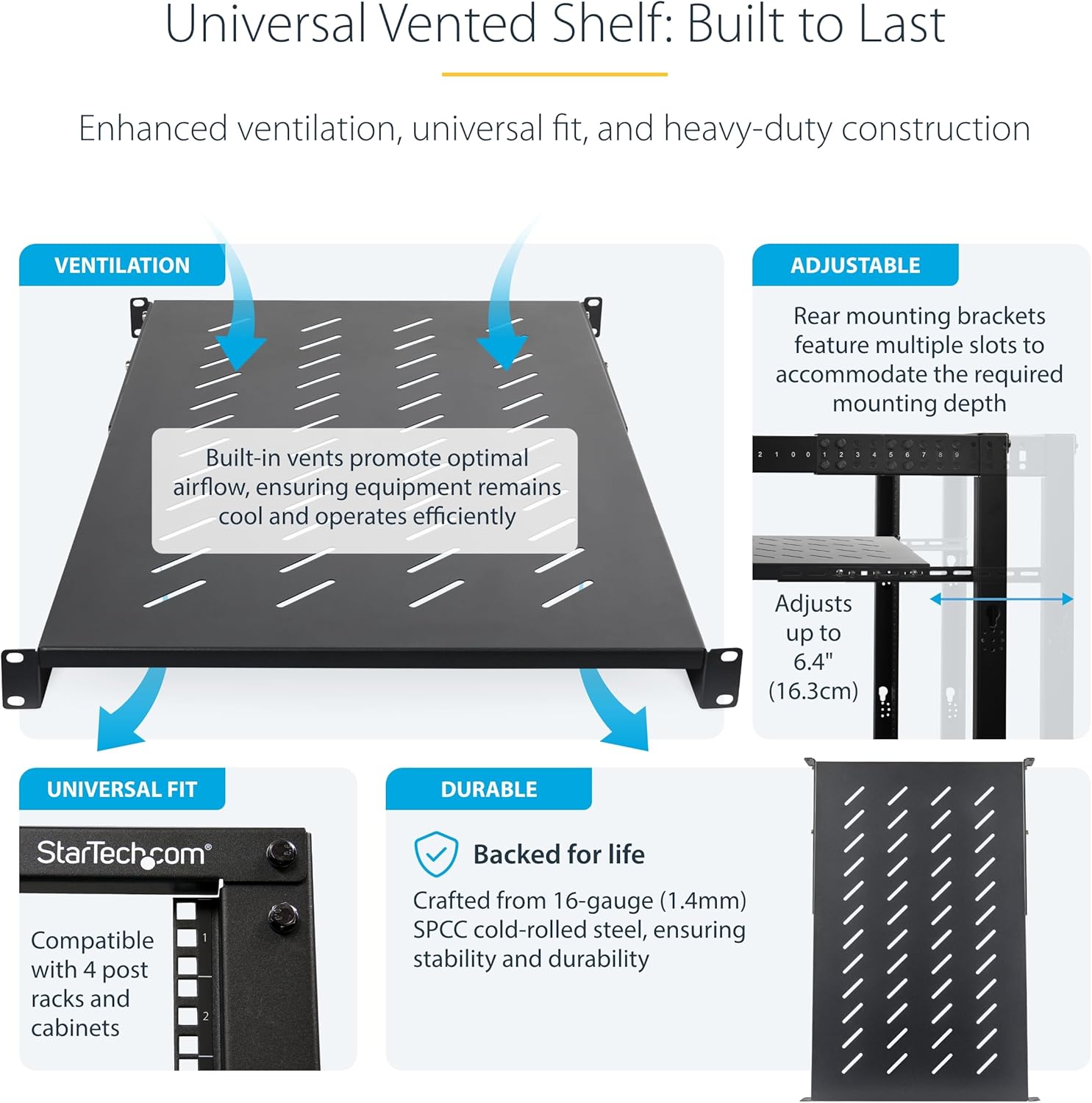 StarTech.com 1U 4-Post Server Rack Shelf, Vented, Adjustable Mounting Depth (28-34.4in/71.1-87.3cm), 150lb (68kg) Capacity