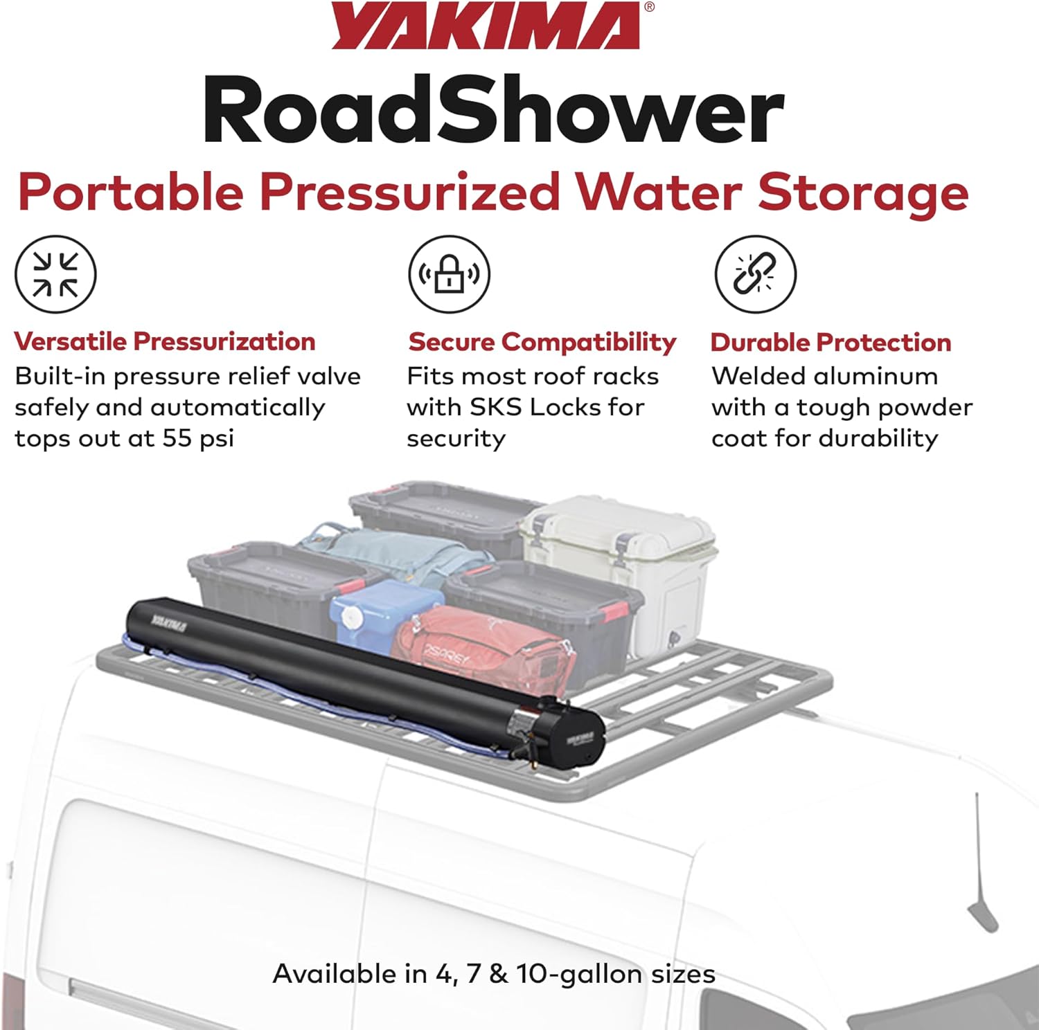Yakima RoadShower Portable Aluminum Pressurized Water Storage with Garden Hose Adapter and 2 Outlet Water Ports