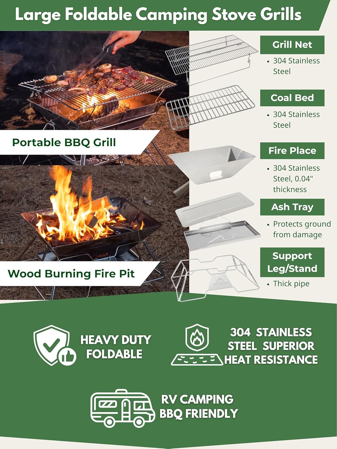 CAMPINGMOON Large Portable Campfire Fire Pit BBQ Grill Stainless Steel Foldable Collapsible Wood Burning Charcoal Grill for Heavy Duty Outdoor Cooking RV Camping, 20x13-inch, with Carry Bag MT-3