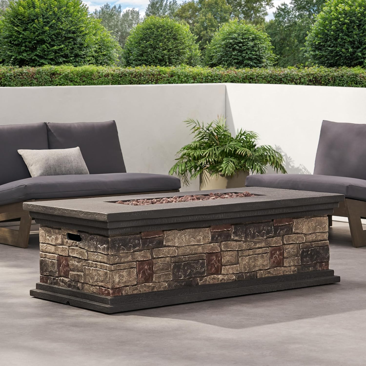 Rectangle Fire Pit 50,000 Btu, Stone Gray – Outdoor Gas Fire Pit with Lava Rocks, Durable Steel Construction, Easy Ignition, Patio, Backyard, Deck (1 Doors)