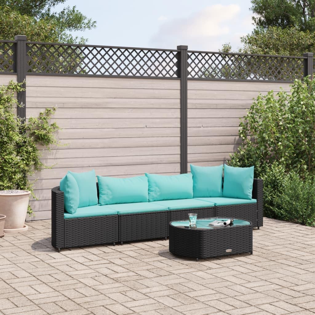5 Piece Patio Sofa Set with Cushions Black Poly Rattan,Rattan Patio Furniture Set Modular Garden Furniture for Outdoor Seating and Relaxation Patio Furniture, Outdoor Furniture Sets