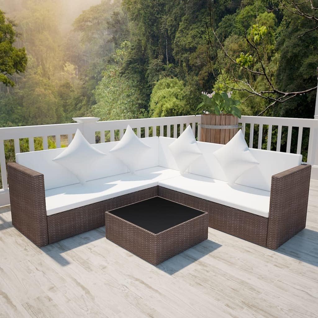 Furniture Sets 4 Piece Patio Lounge Set with Cushions Poly Rattan Brown,Modular Outdoor Rattan Lounge Set with Sofa, Corner Seating, and Coffee Table for Garden and Patio, WeatherResistant with Washab