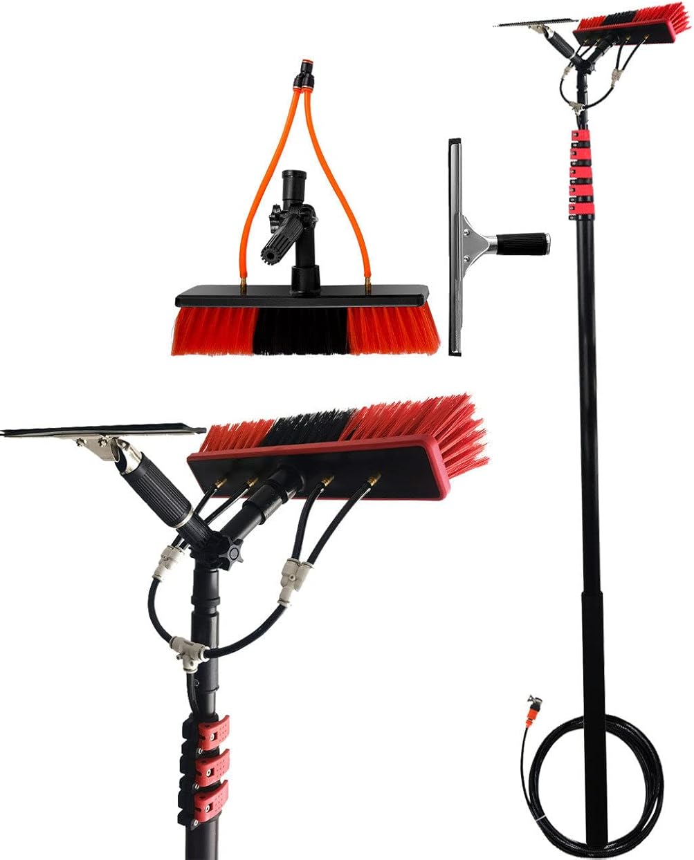 Water Fed Brush w/Squeegee,Solar Photovoltaic Panel Cleaning Equipment Cleaning Tools,3.6m-11m Extendable Telescopic Pole Water Fed Brush Spray Washer,11M/36FT