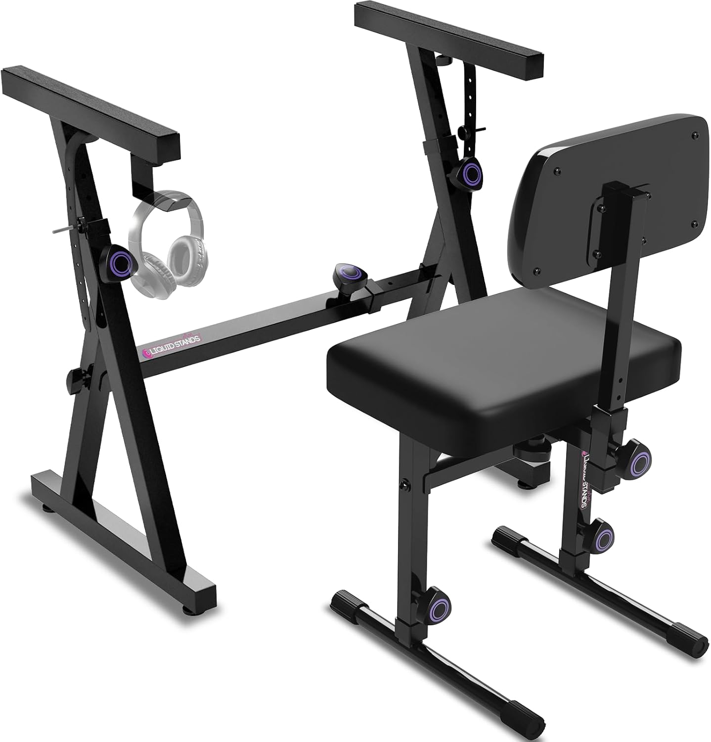 Liquid Stands Piano Keyboard Stand and Bench Adjustable Stool Set - Portable Heavy Duty Digital Piano Stand for 54-88 Key Electric Pianos & Piano Chair, Stool - Sturdy Keyboard Music Stand and Seat