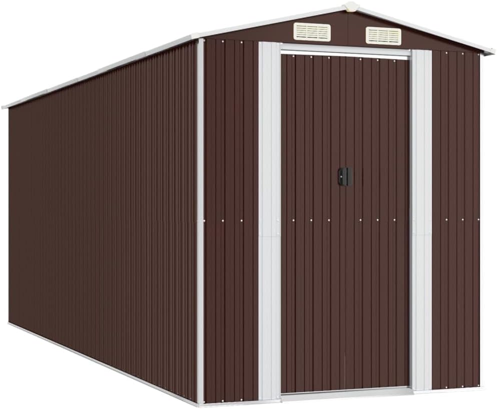 vidaXL Galvanized Steel Garden Shed - Dark Brown, Spacious Outdoor Storage House with Slid Gate - Convenient for Storing Gardening Tools & Pool Essentials