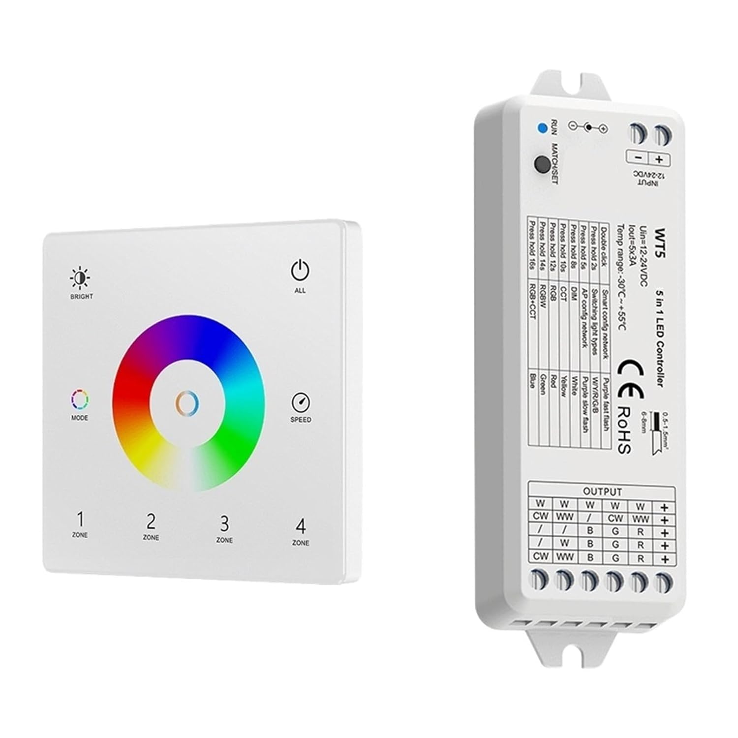 5 in 1 Glass Wall Mount Touch Panel RGB RGBW RCT LED Dimming Controller Kit 5 Channels 12V 24V(WT5 and TW5-4(W) KIT)