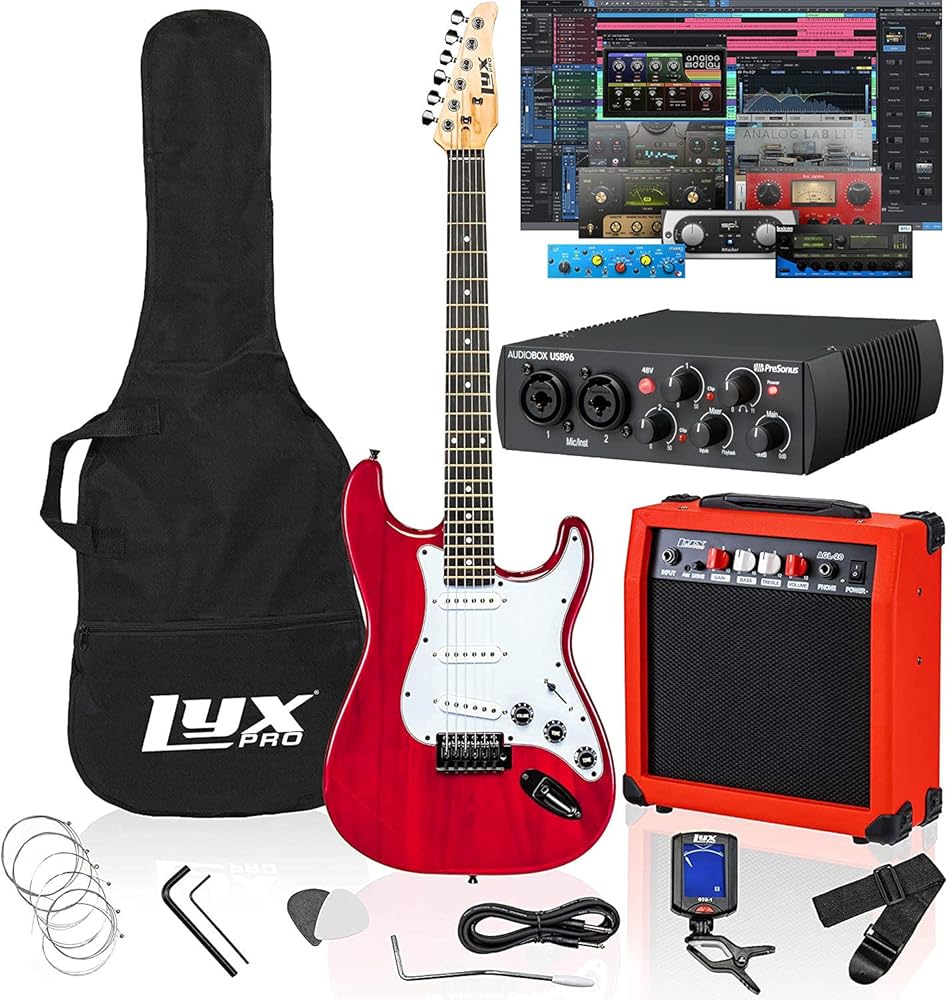 LyxPro Full Size Electric Guitar (Red) with 20w Amp Package with Presonus AudioBox 96 USB 2.0 Audio Interface Studio Bundle with Studio One Artist Software Pack