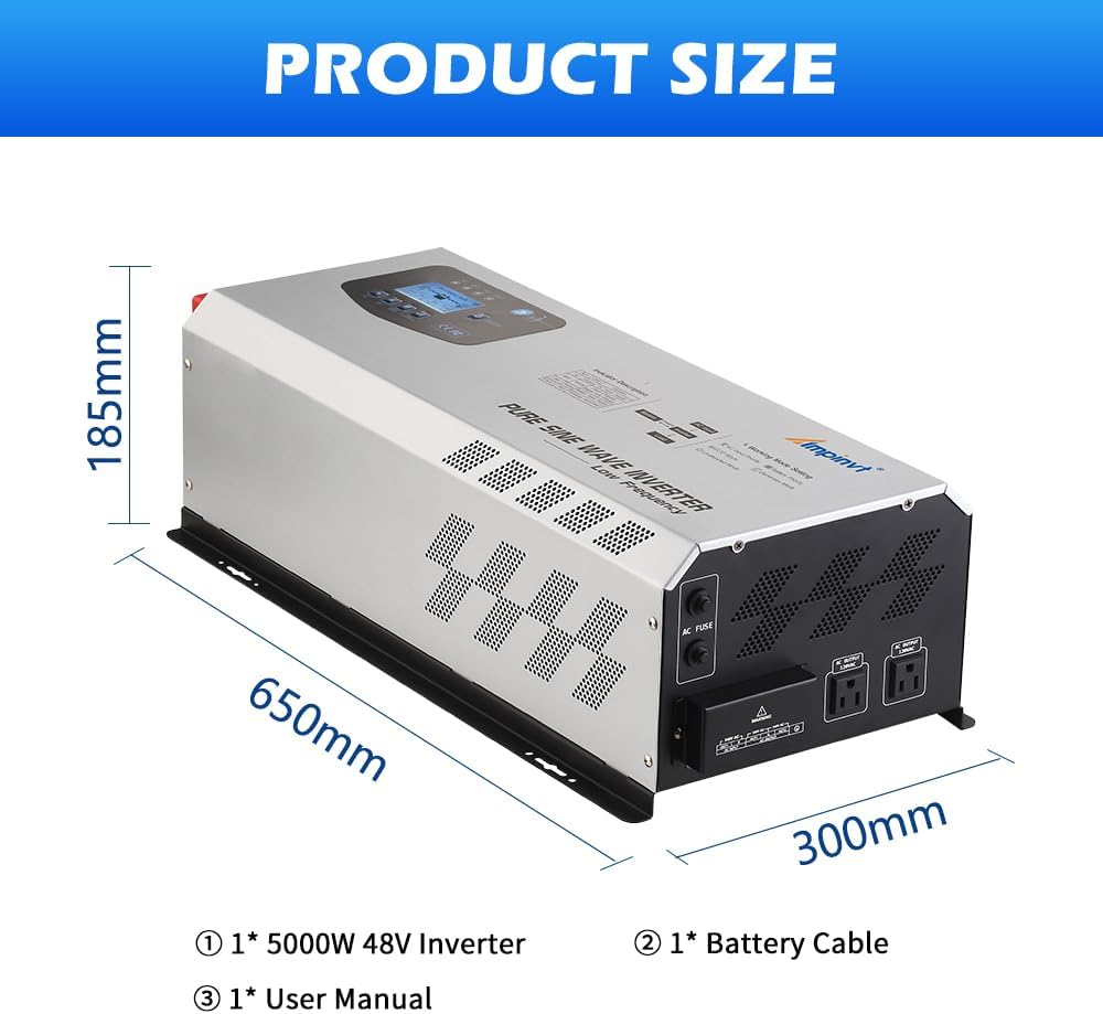 Off Grid Inverter Charger 5000W Peak 15000W DC 48V to 120V/240V AC Split Phase Output, with Battery AC Charger, Low Frequency Pure Sine Wave Inverter for Solar Home