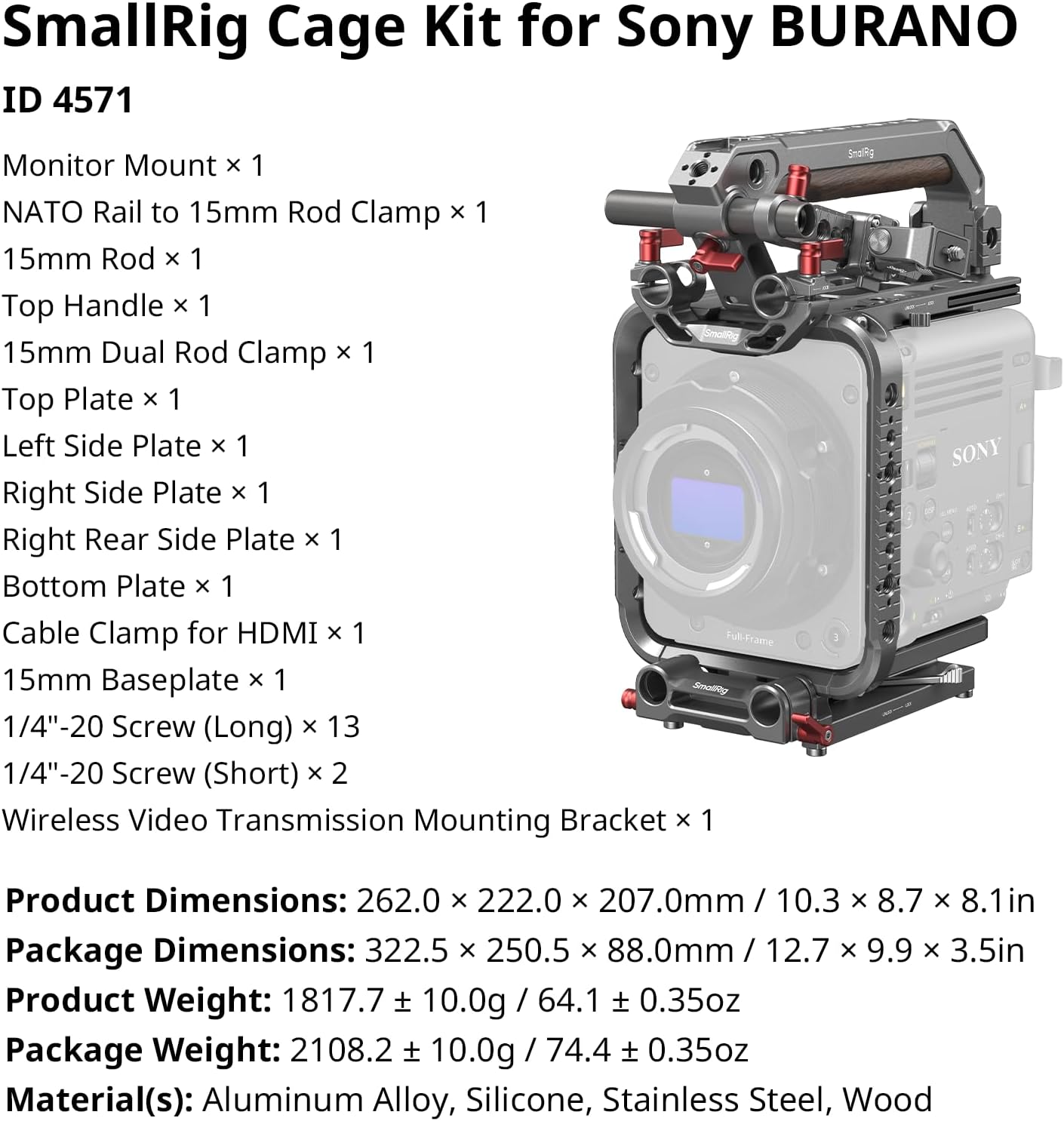 SmallRig Cage Kit for Sony BURANO, Includes Monitor Mount/Top Handle and Other Accessories, for Tripods/Handheld/Shoulder Shooting - 4571